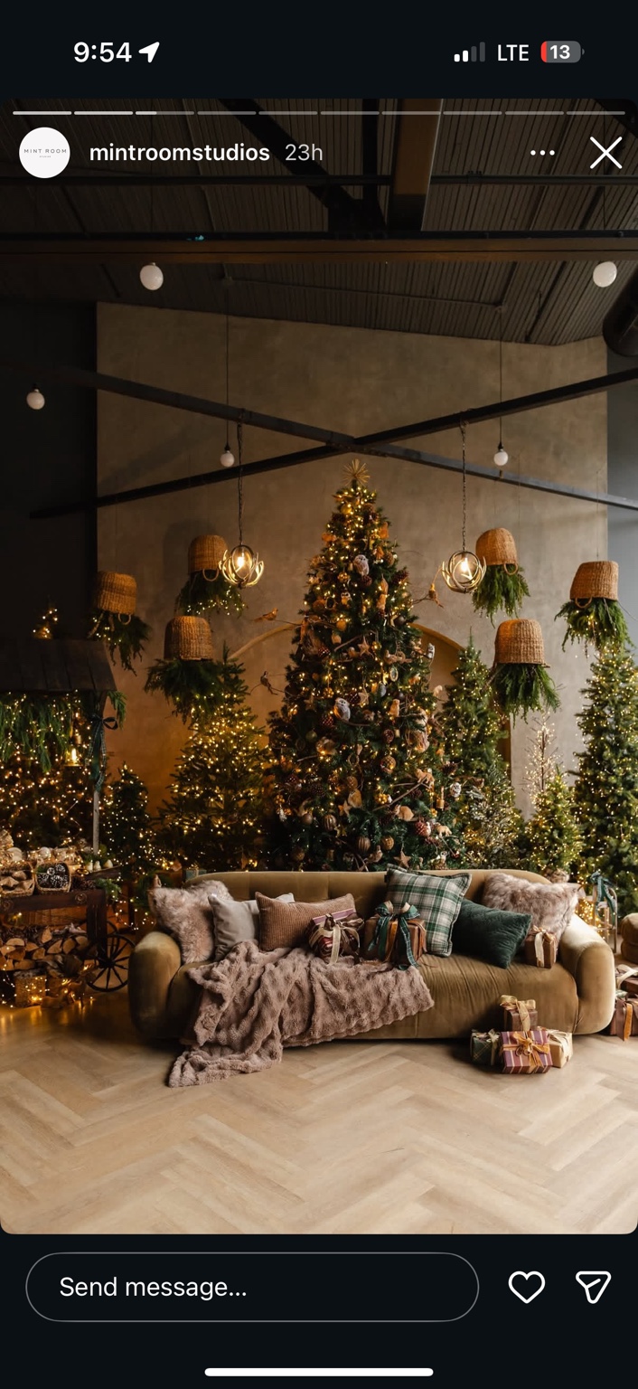 Mint Room Studios Woodland Retreat photograph with a sofa, decorated Christmas trees and warm lights