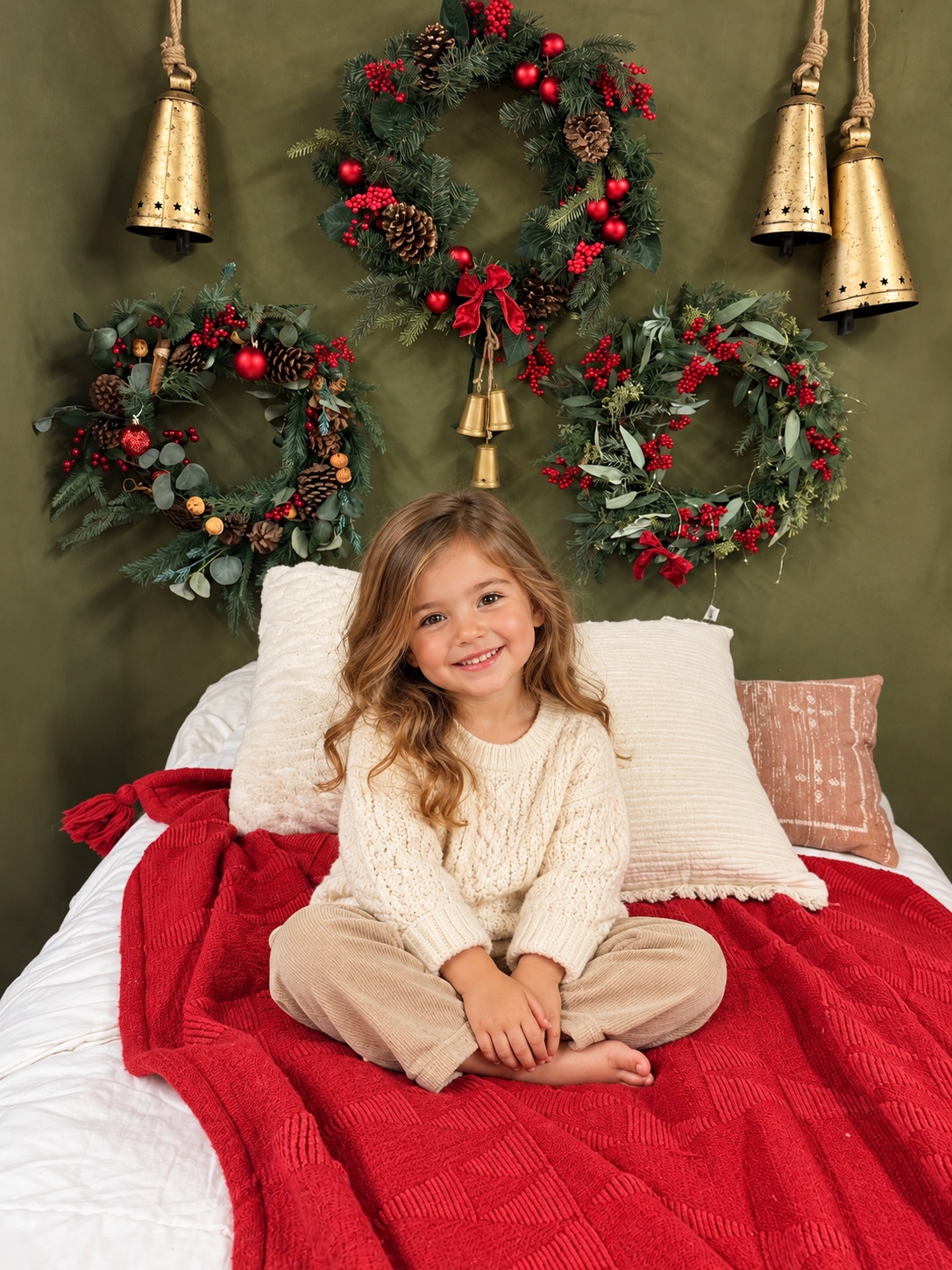 Christmas studio setup with a green backdrop, festive wreaths and a red blanket