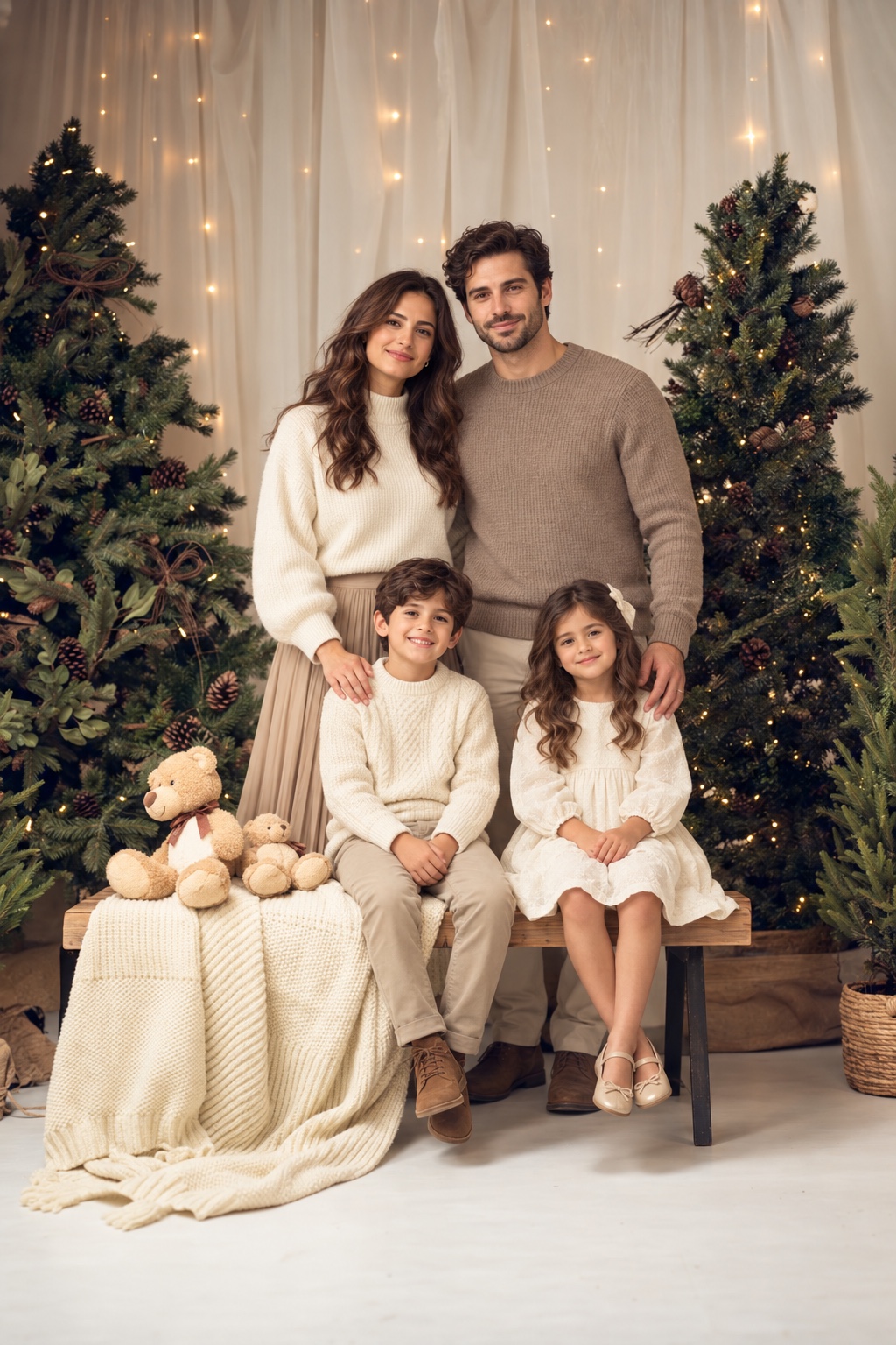 Warm Christmas studio setup with trees, lights and cream drapery